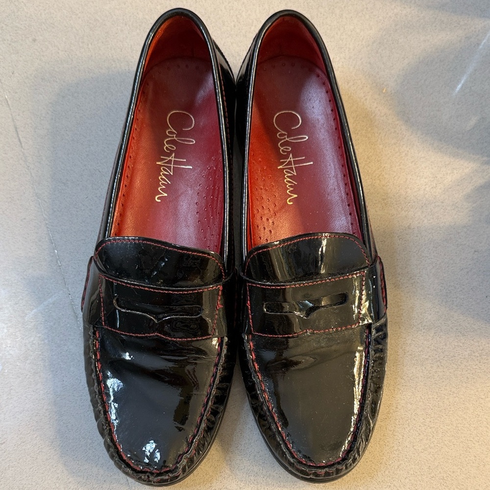 Cole Haan Black Patent Leather Penny Loafers with Red Interior
